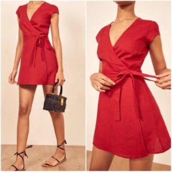 Reformation Rodin Dress in red wrap shirt sleeve - Picture 2 of 8